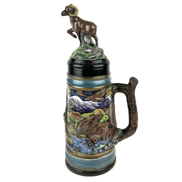 VTG Holland Mold 3D Wildlife Beer Stein Removable Ram Lid 18” Bears Moose Eagle - Picture 1 of 16